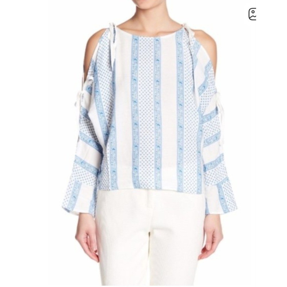 Line + Dot Agathe Tie Strap Cold Shoulder Flounce Blouse Womens L Boho-style